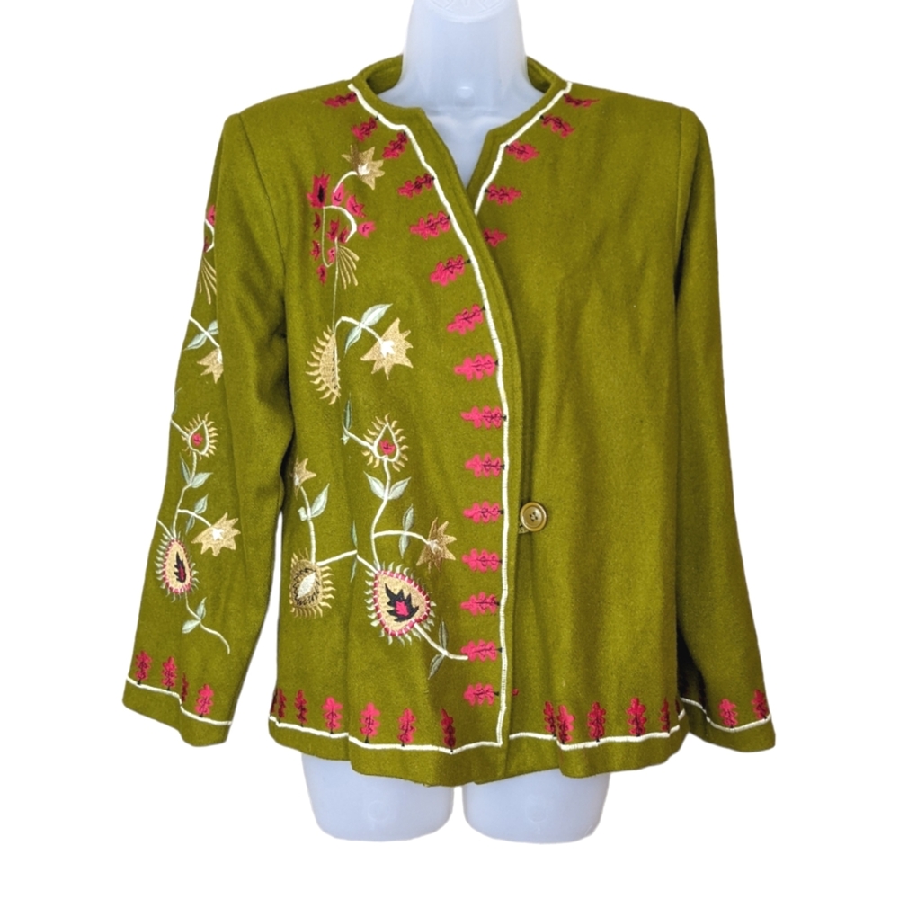 Vintage Wool Blend Embroidered Coat Large Terry K Floral Green Red